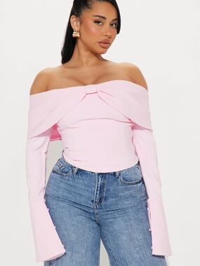 Fashion Nova Light Pink Bow-Detail Long Sleeve Crop Top